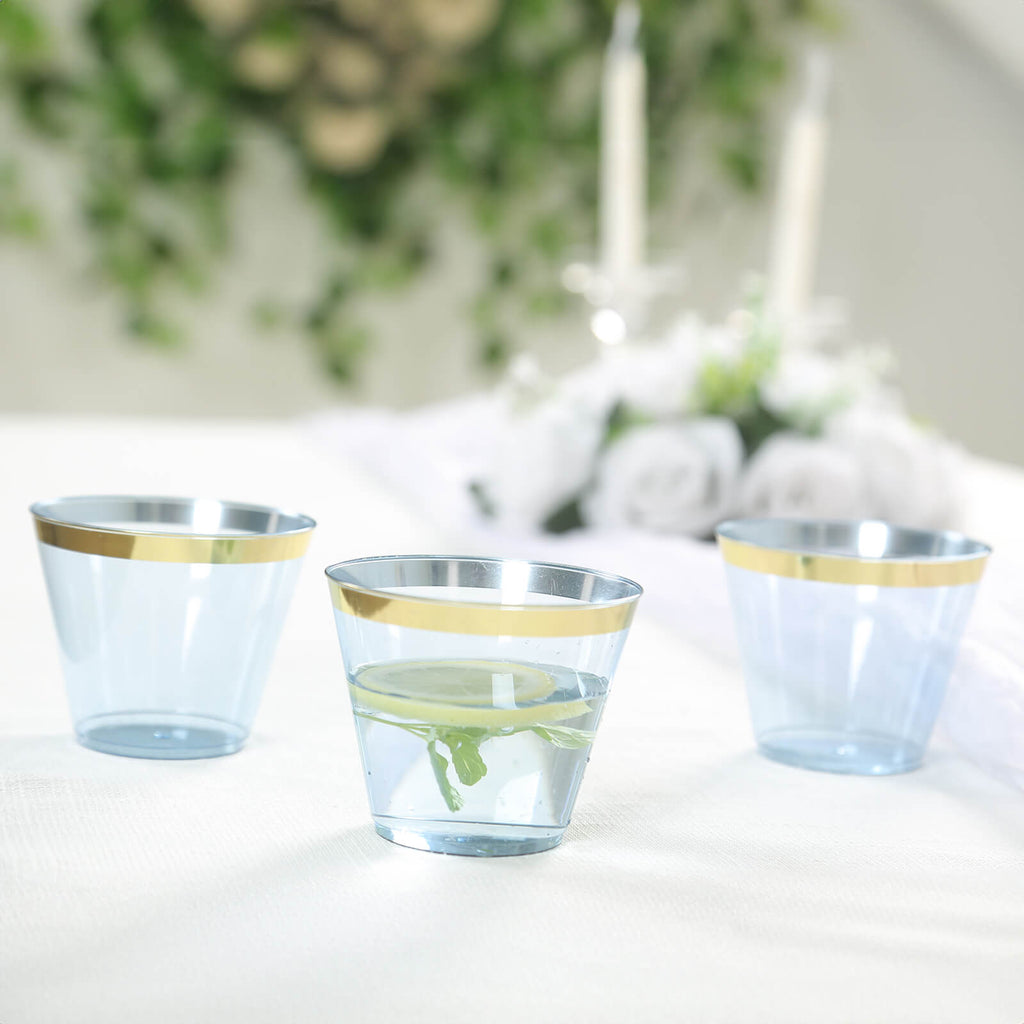 25-Pack Plastic Party Cups Transparent Dusty Blue Crystal with Gold Rim