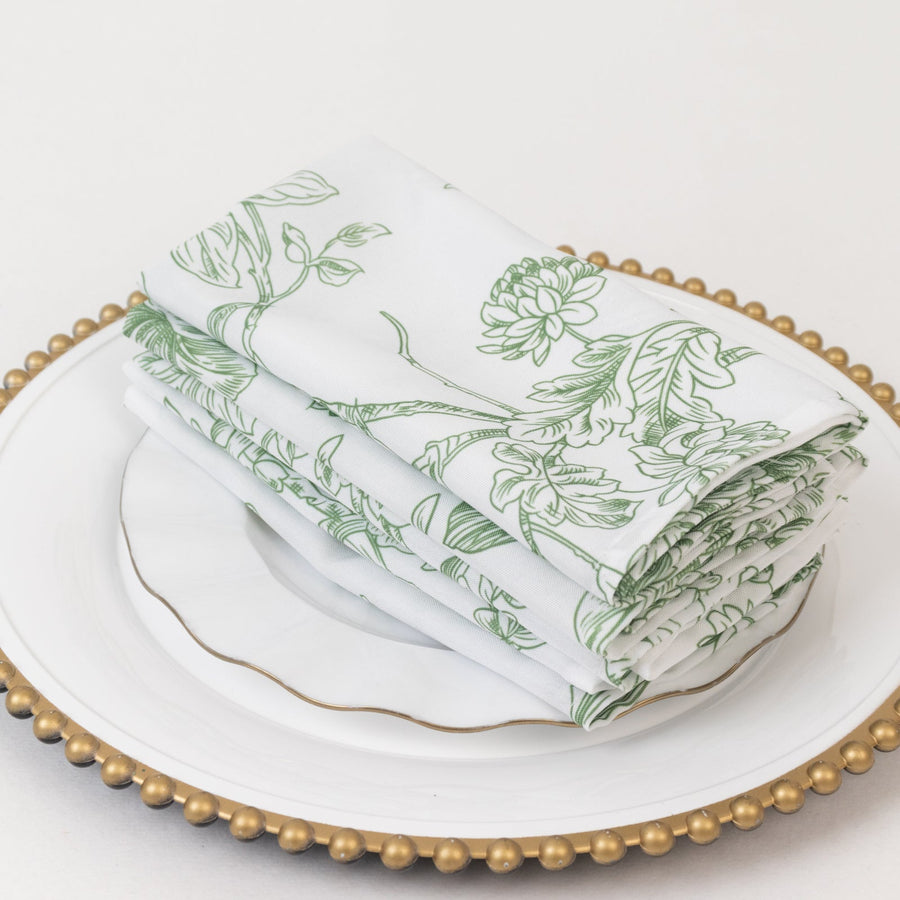 5-Pack French Toile Polyester Cloth Napkins – 17"x17" Dusty Sage Green and White Reusable Table