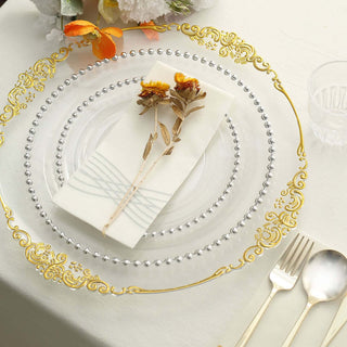 Elegant decorative plate set with floral napkin on a table setting.