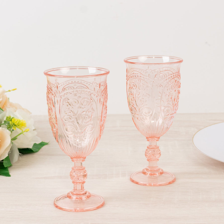 24-Pack Plastic Wine Glasses 10oz – Transparent Blush Vintage Goblets with Retro Embossed Design