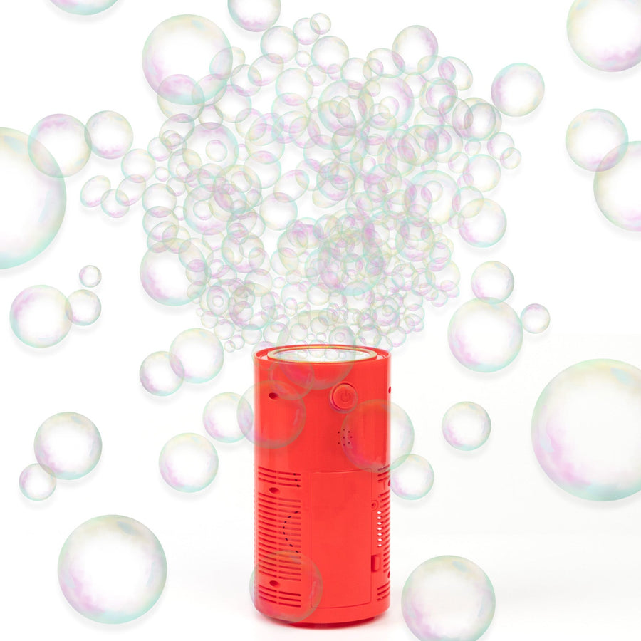 Red bubble machine with floating bubbles on a white background