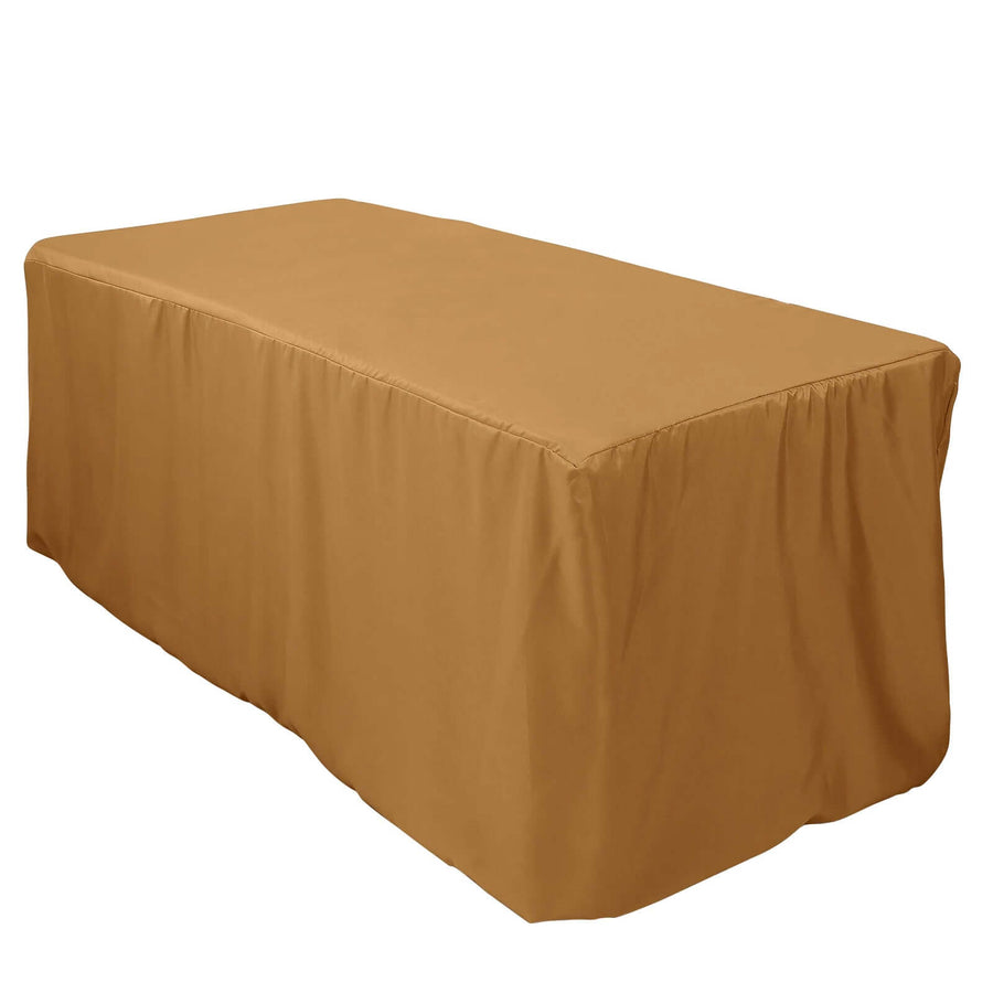 Brown table cover draped over a rectangular table.