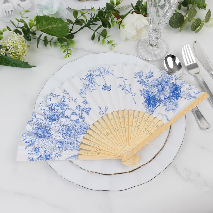 5-Pack Paper Folding Fans Party Favors in White & Blue French Toile Pattern, Handheld Fans