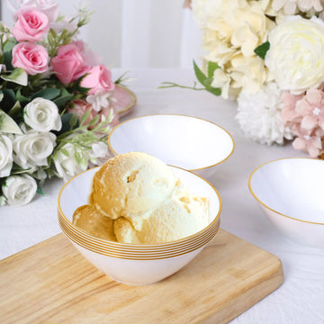 24 Pack Glossy White Premium Plastic Ice Cream Bowls with Gold Rim, 7oz Heavy Duty Disposable Dessert Party Bowls