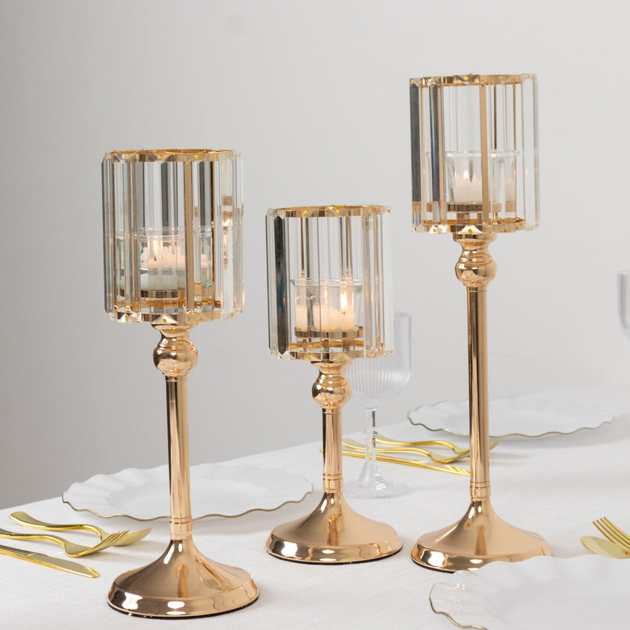 Set of 3 Gold Crystal Pendant Hurricane Candle Holders, Elegant Cylindrical Design