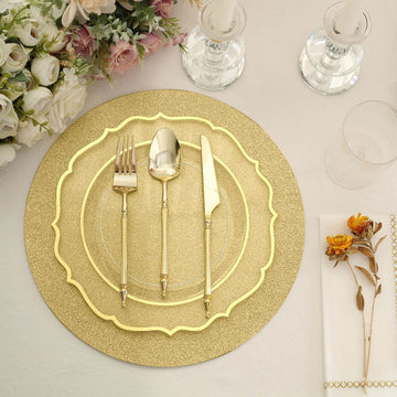 20 Pack 13" Gold Glitter Round Disposable Dining Placemats, Decorative Paper Table Mats - 210 GSM