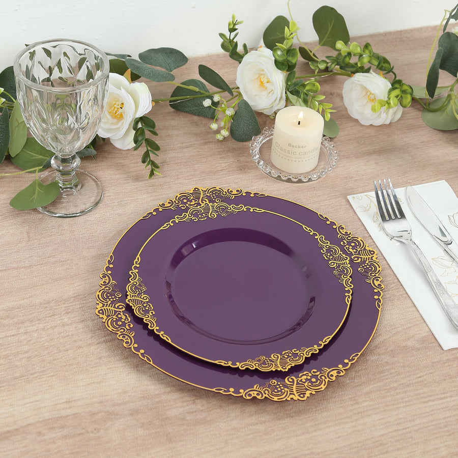 10-Pack Plastic 8INCH Round Dessert Plates in Purple with Gold Leaf Embossed Rim Disposable Vintage