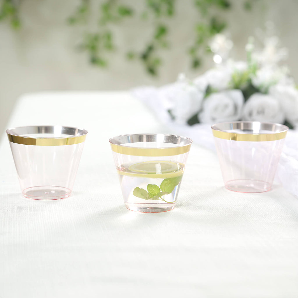 Plastic Party Cups 9oz Transparent Blush Crystal with Gold Rim