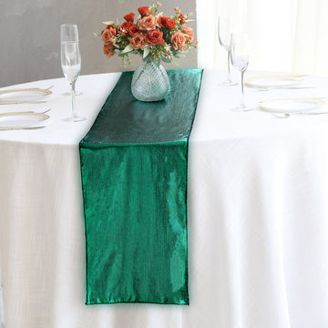 12"x108" Hunter Emerald Green Shimmer Sequin Dots Polyester Table Runner, Wrinkle Free Sparkle Glitter Table Runner