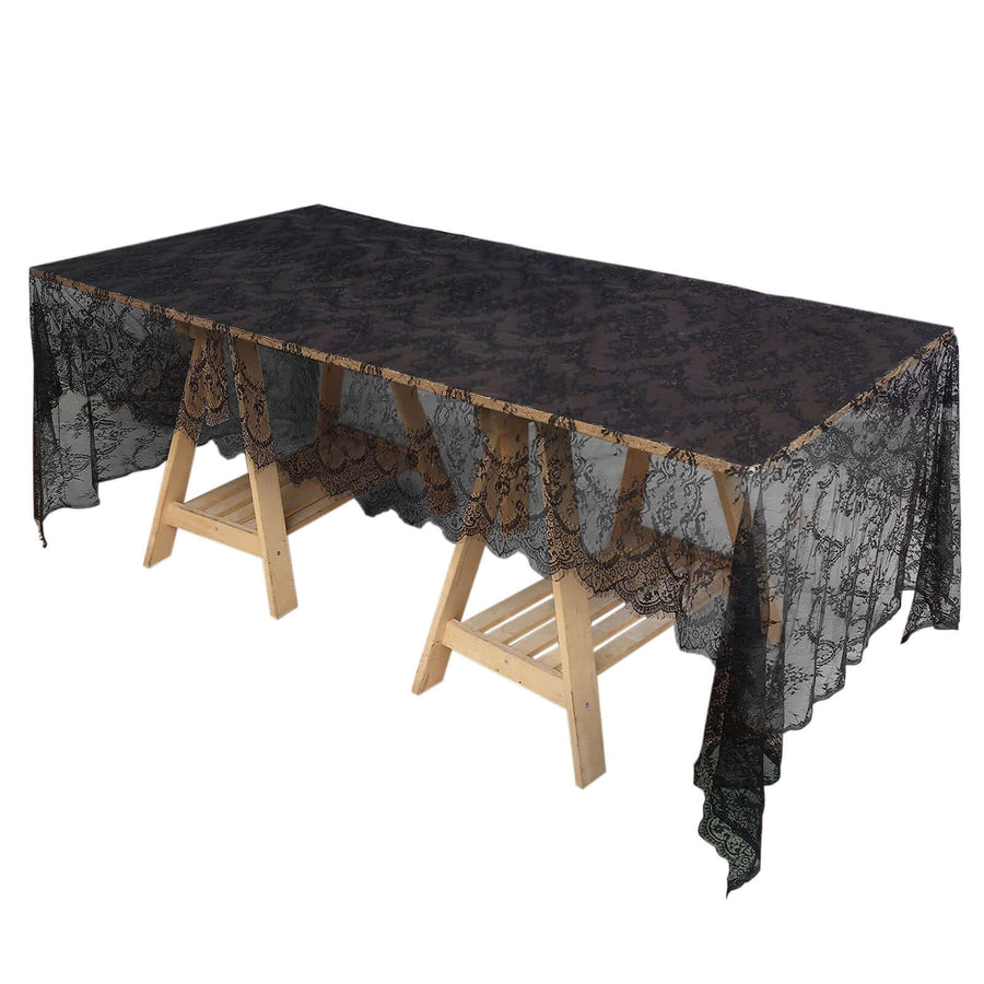 Black Premium Lace Fabric Rectangle Tablecloth, Vintage Classic Rustic Decor Scalloped Frill Edges