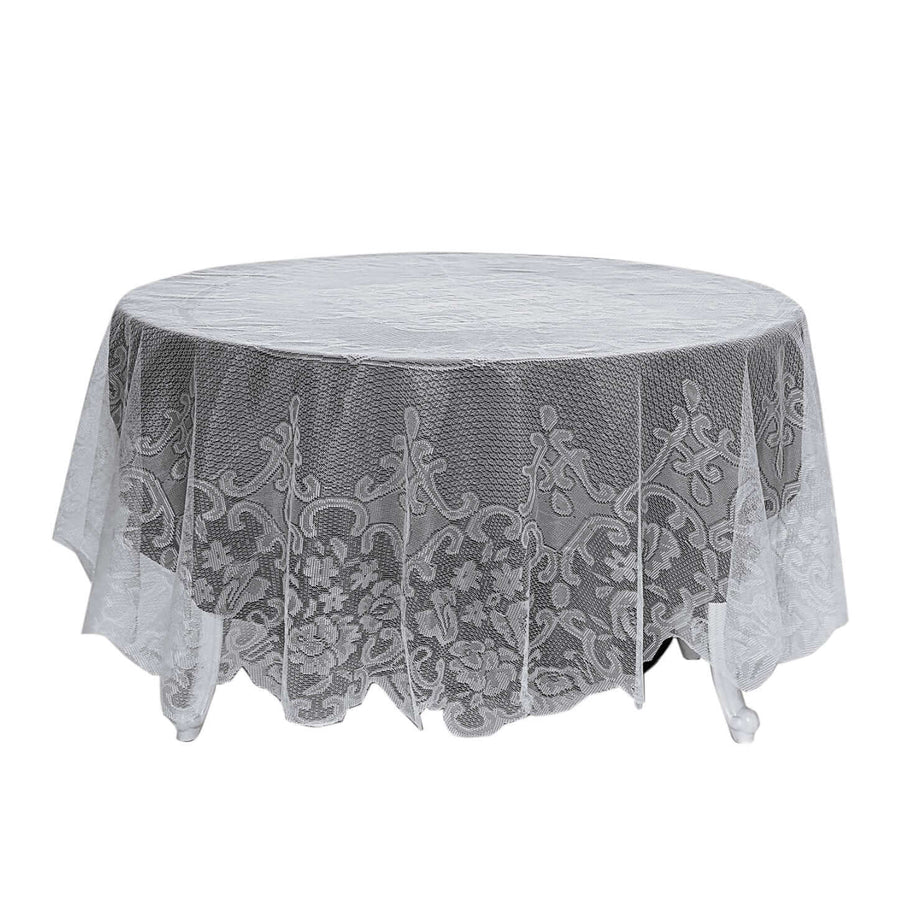 Round lace tablecloth with floral pattern on a white background.
