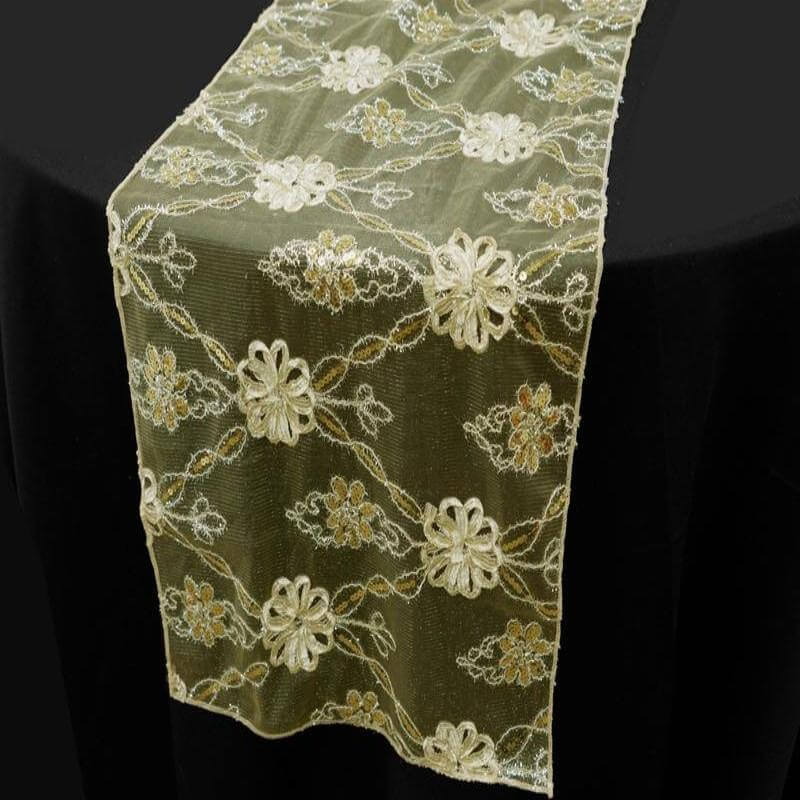 Decorative embroidered table runner with floral design.