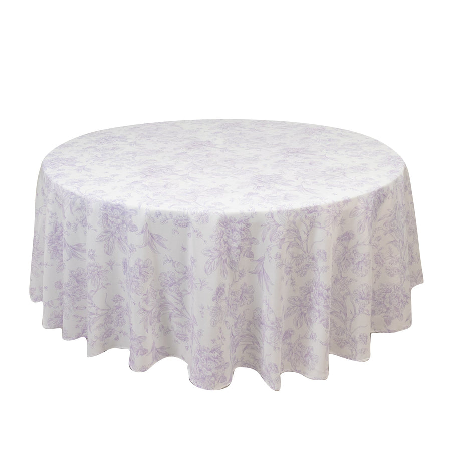 Polyester 108inch Round Tablecloth White - Lavender Lilac French Toile Pattern for Chic Weddings