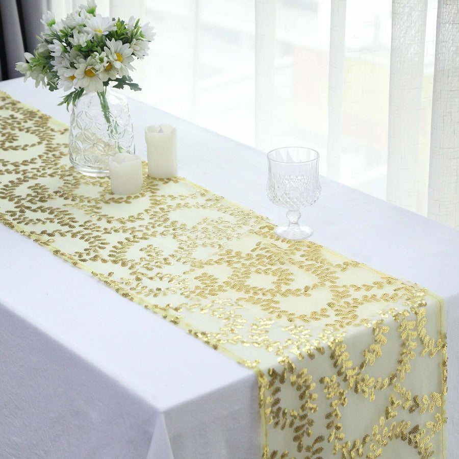 12x108inch Sparkly Gold Leaf Vine Sequin Tulle Table Runner