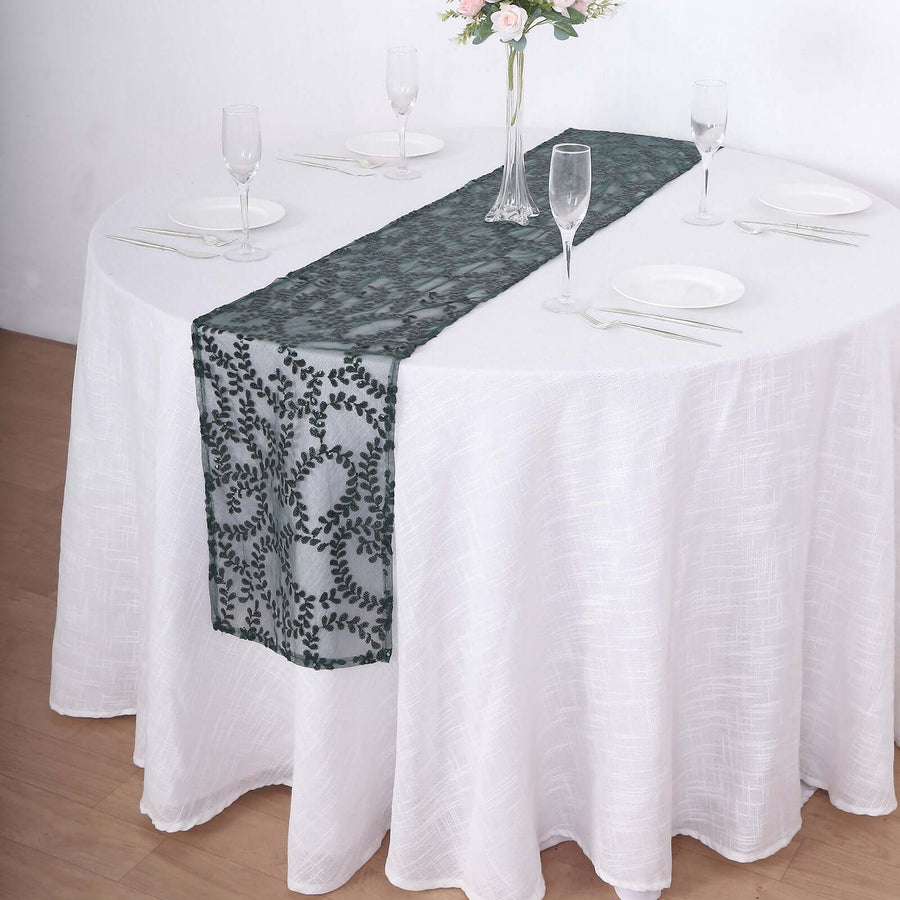 Sparkly Hunter Emerald Green Leaf Vine Sequin Tulle Table Runner