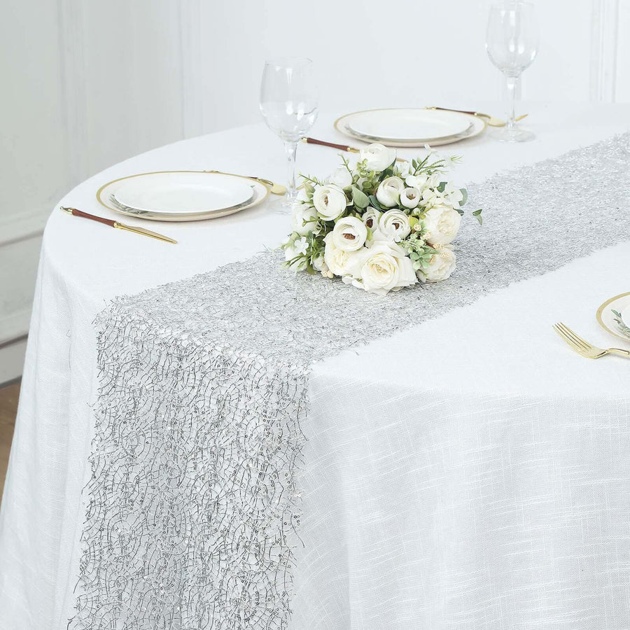 12x108inch Silver Sequin Mesh Schiffli Lace Table Runner, Sparkly Wedding Table Decoration
