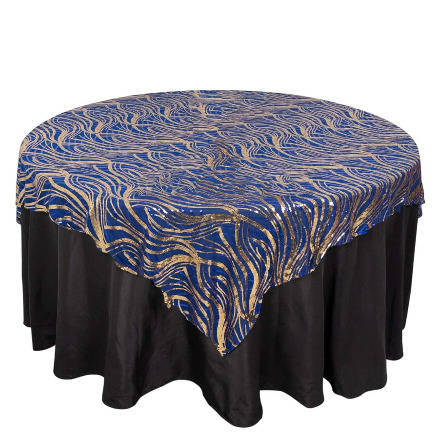 72x72inch Royal Blue Gold Wave Mesh Square Table Overlay With Embroidered Sequins