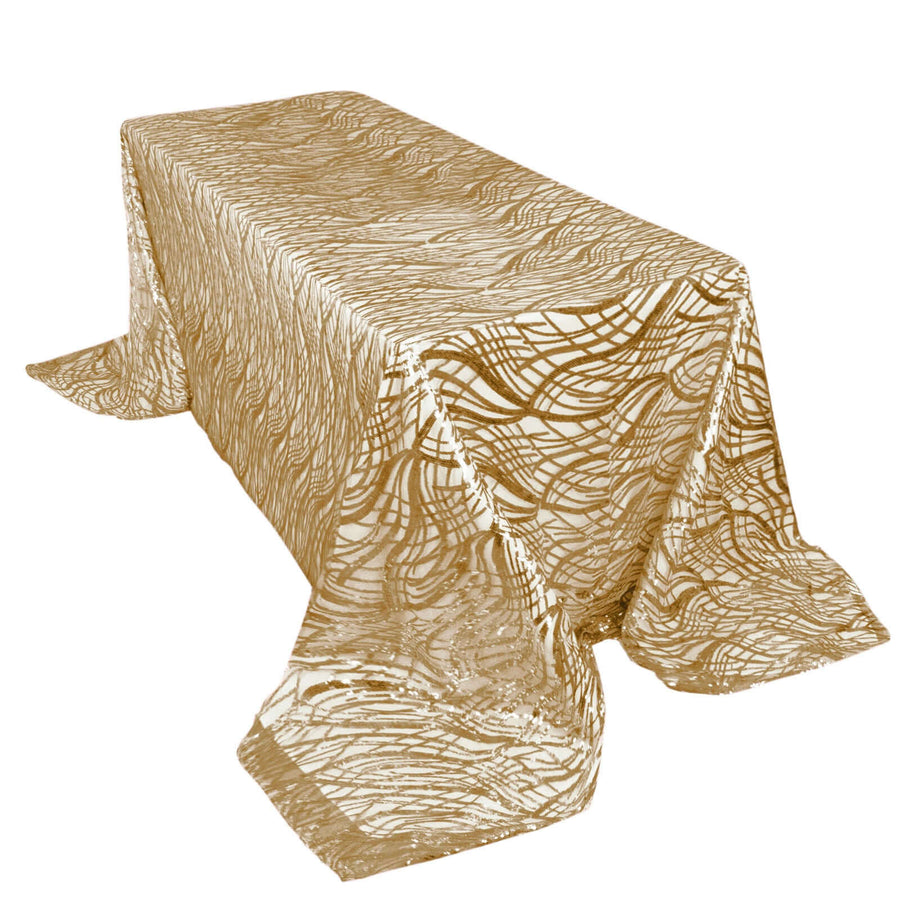 90x156inch Champagne Wave Mesh Rectangular Tablecloth With Embroidered Sequins