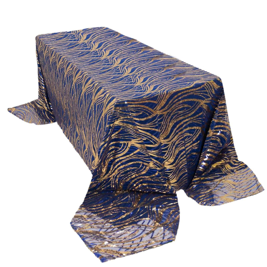 90x156inch Royal Blue Gold Wave Mesh Rectangular Tablecloth With Embroidered Sequins