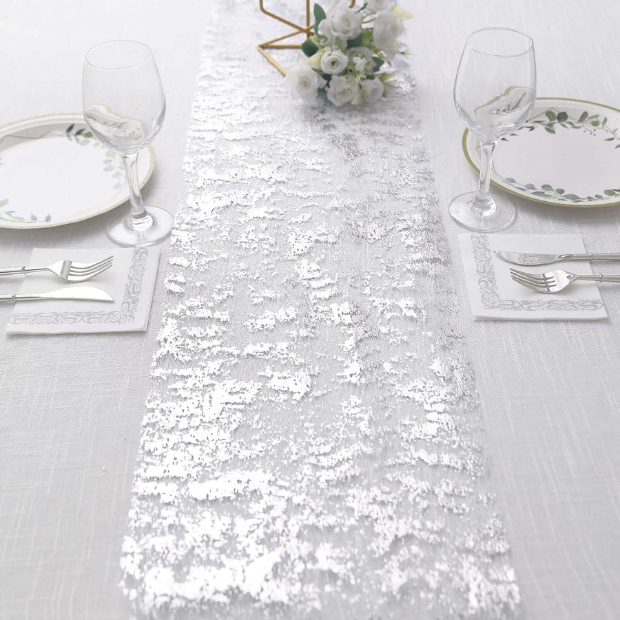 108inch Sparkly Metallic Silver Foil Thin Mesh Polyester Table Runner - 25GSM