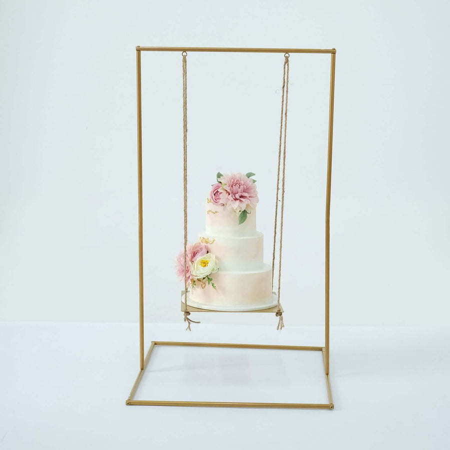 3ft Tall Gold Metal Hanging Cake Stand Swing with Jute Rope, Dessert Display Centerpiece