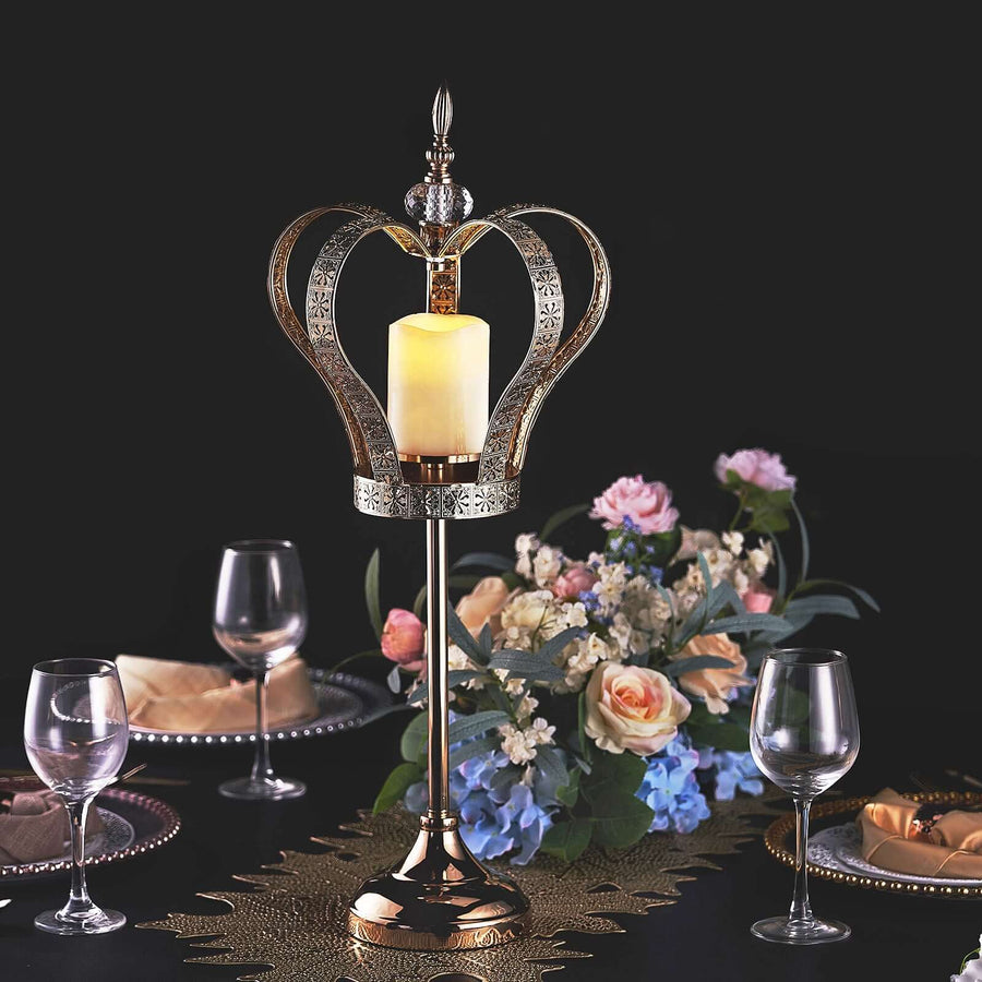 25Inch Gold Metal Crown Pillar Candle Holder Stand, Votive Holder Centerpiece