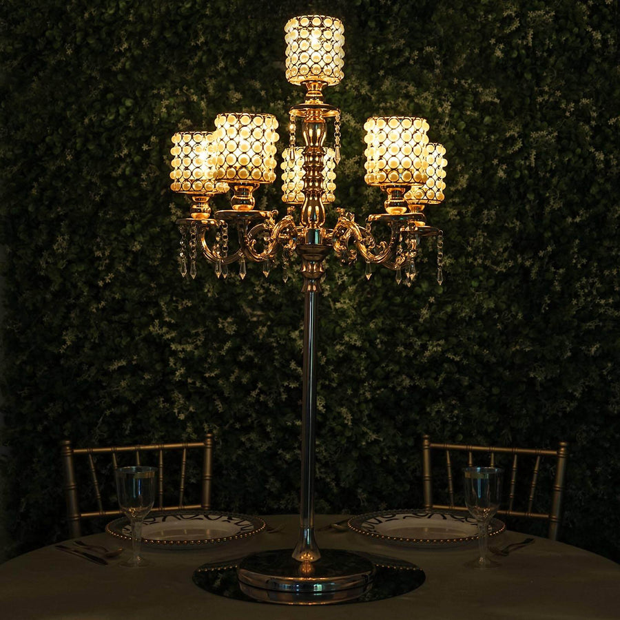 Gold Pearl Beaded Table Floor Candelabra Centerpiece, Metal With Crystal Chandelier Pendants