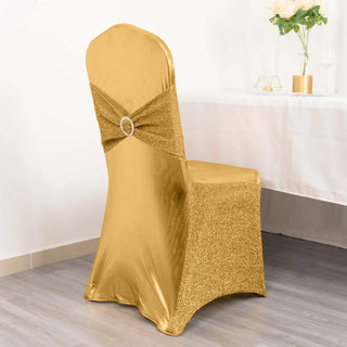 Elevate Your Event with the Metallic Gold Shimmer Tinsel Spandex Banquet Chair Cover Elevate Your Event with the Metallic Gold Shimmer Tinsel Spandex Banquet Chair Cover