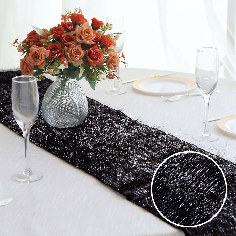 Black Metallic Fringe Shag Tinsel Table Runner, Shimmery Polyester Table Runner