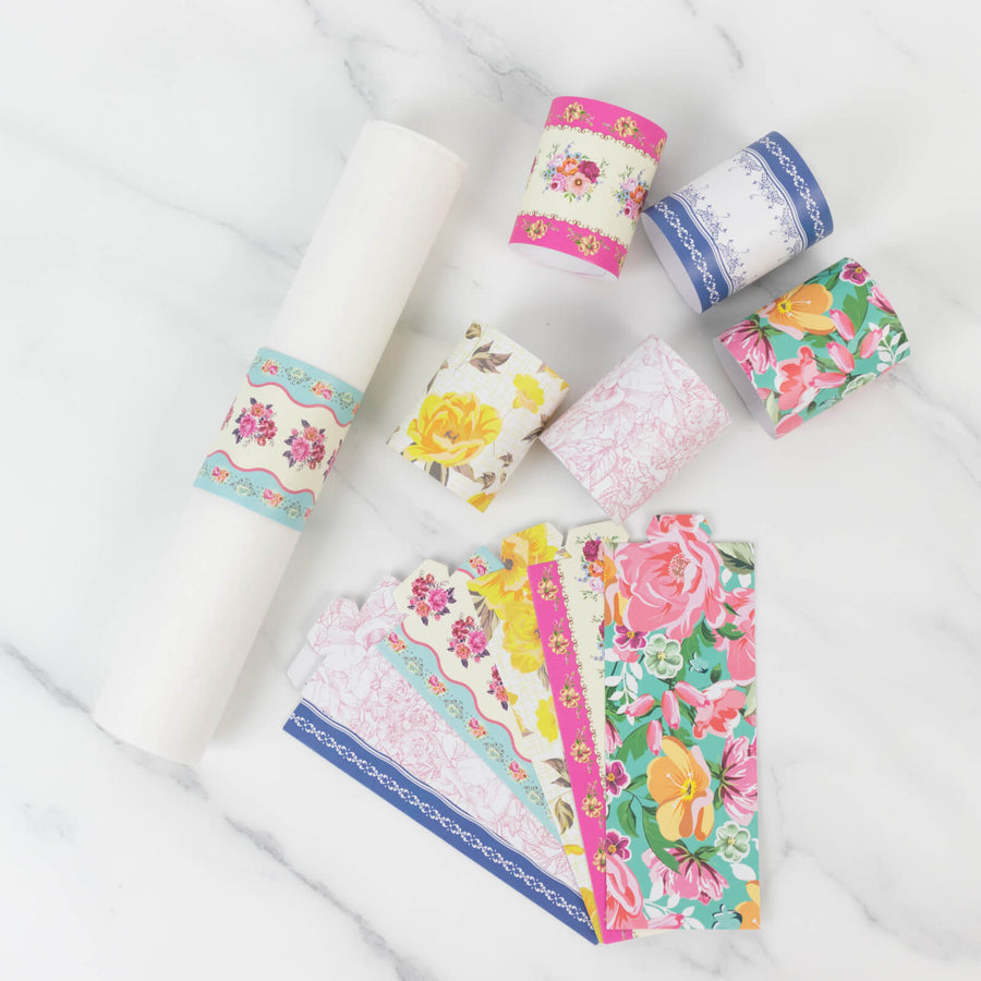 48-Pack Disposable Napkin Rings in Mixed Vintage Floral – Elegant Paper Napkin Holder Bands