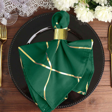 5 Pack Modern Hunter Green and Geometric Gold Cloth Dinner Napkins, Emerald 20"x20"