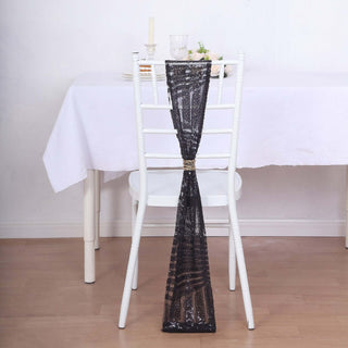 Add a Touch of Elegance with Black Geometric Diamond Glitz Sequin Chair Sashes Add a Touch of Elegance with Black Geometric Diamond Glitz Sequin Chair Sashes