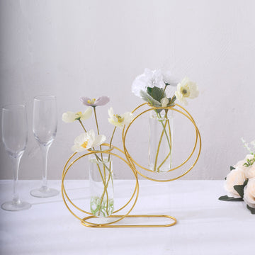 2 Pack 10" Gold Metal Geometric Floating Glass Vase Centerpiece, Nordic Style Double Ring Test Tube Flower Vase