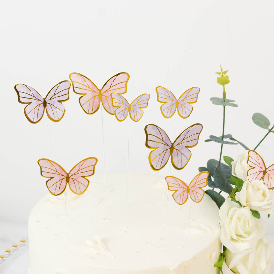 64 Pcs 3D Butterfly Cupcake Toppers with Gold Trim – Elegant Cake Decorations in Pink & Purple