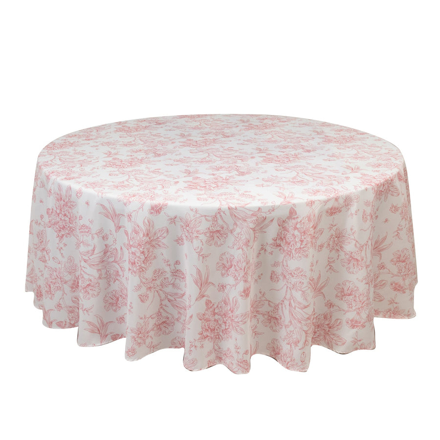 Polyester 108inch Round Tablecloth White - Pink French Toile Pattern for Chic Weddings