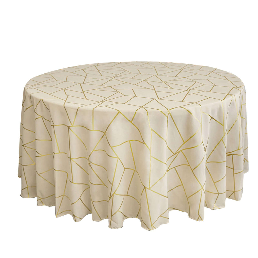 120inch Beige Round Polyester Tablecloth With Gold Foil Geometric Pattern