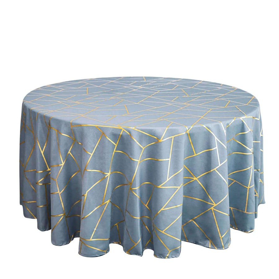 120inch Dusty Blue Round Polyester Tablecloth With Gold Foil Geometric Pattern