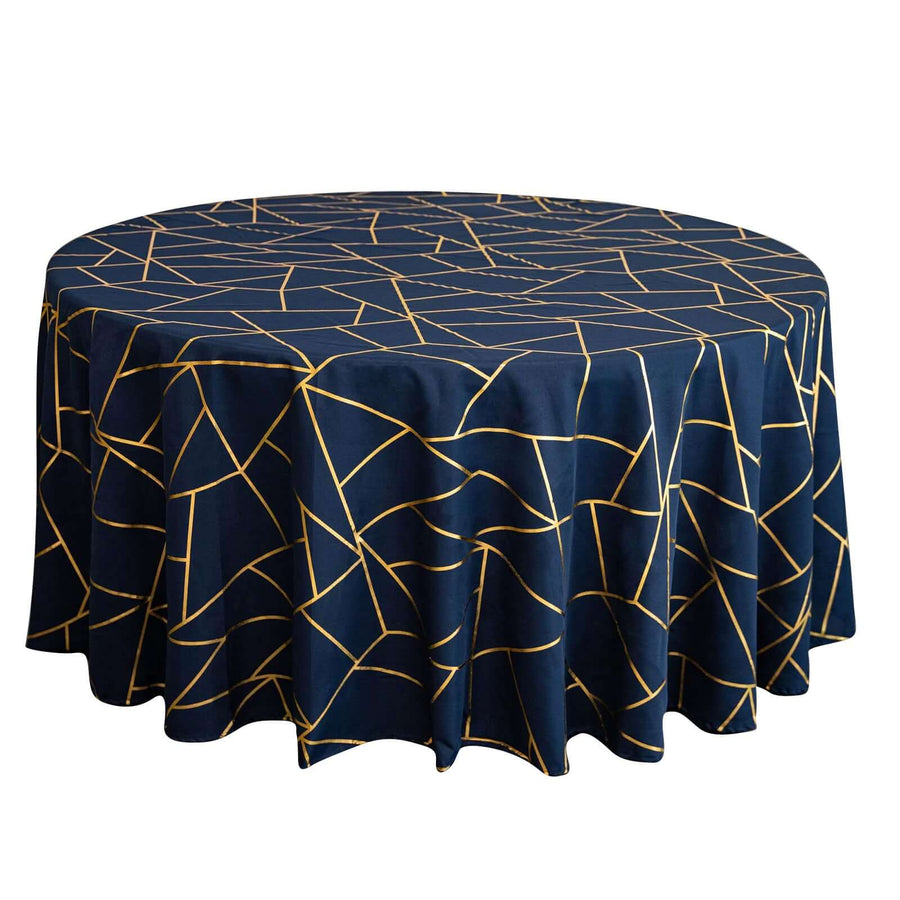 120inch Navy Blue Round Polyester Tablecloth With Gold Foil Geometric Pattern