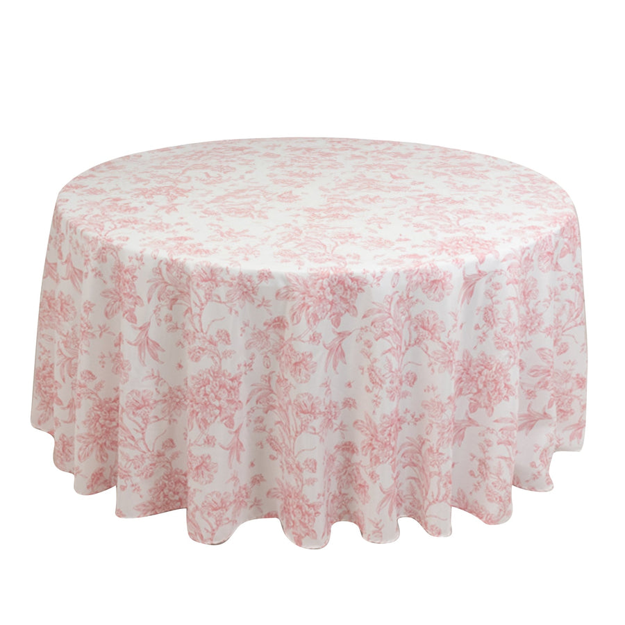 Polyester 120\" Round Tablecloth White - Pink French Toile Pattern