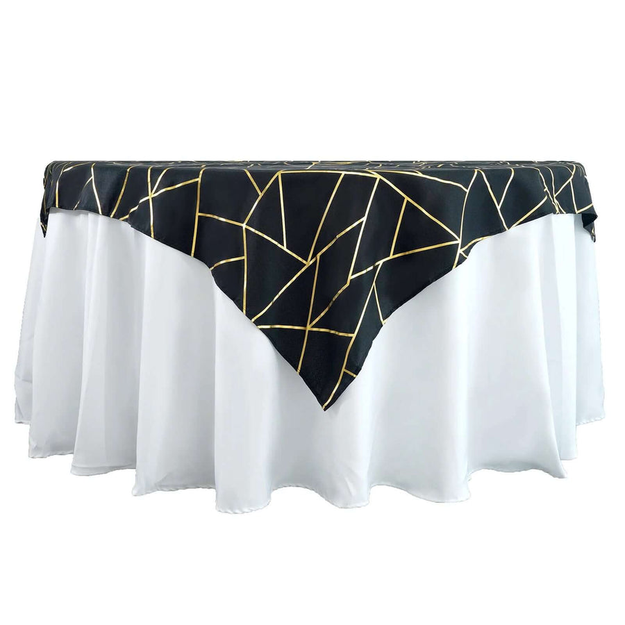 54"x54" Black Polyester Square Table Overlay With Gold Foil Geometric Pattern