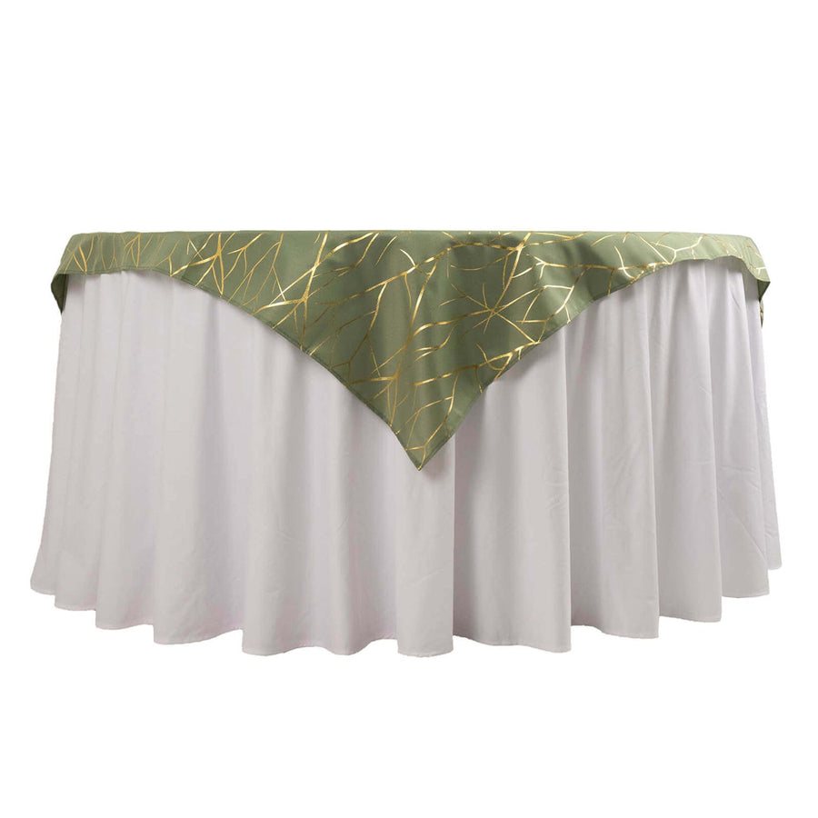 Dusty Sage Green Polyester Square Table Overlay With Gold Foil Tree Branch Pattern