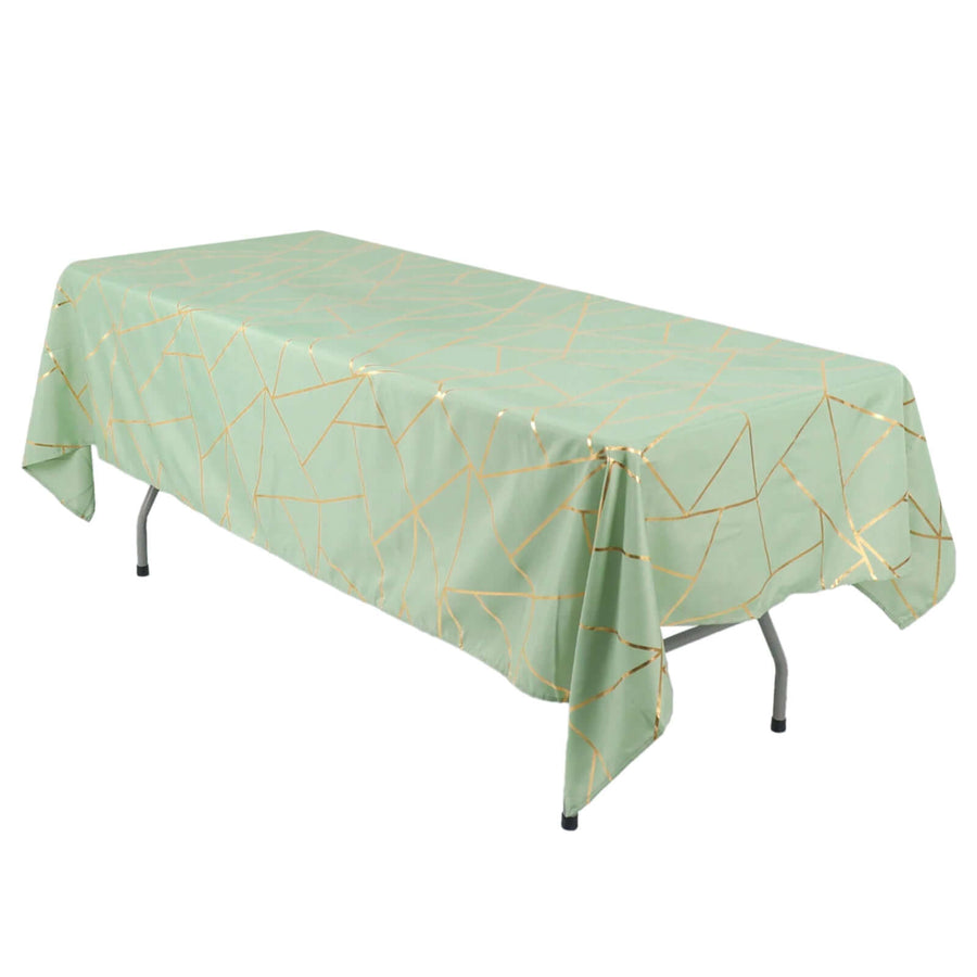 60"x102" Sage Green Rectangle Polyester Tablecloth With Gold Foil Geometric Pattern
