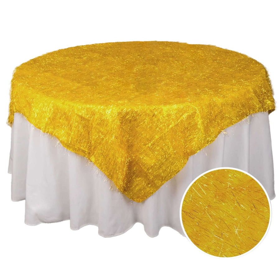 Yellow sparkly table cover with a shiny texture, perfect for parties and events.