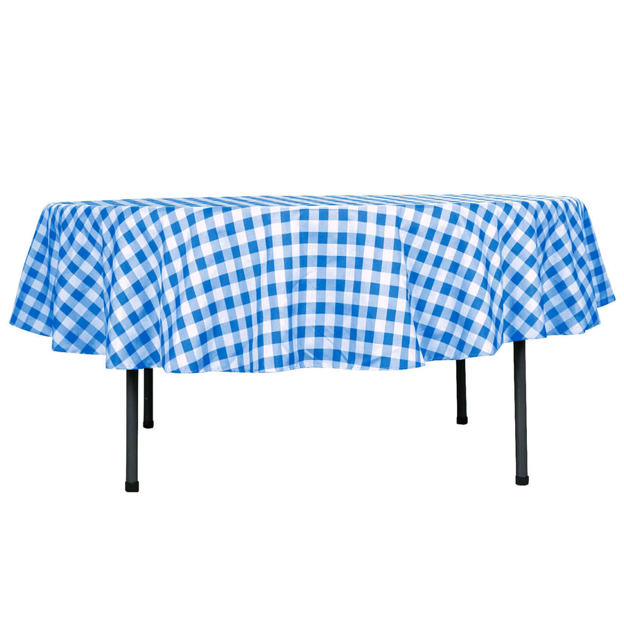 90" White Blue Buffalo Plaid Round Tablecloth, Gingham Polyester Checkered Tablecloth