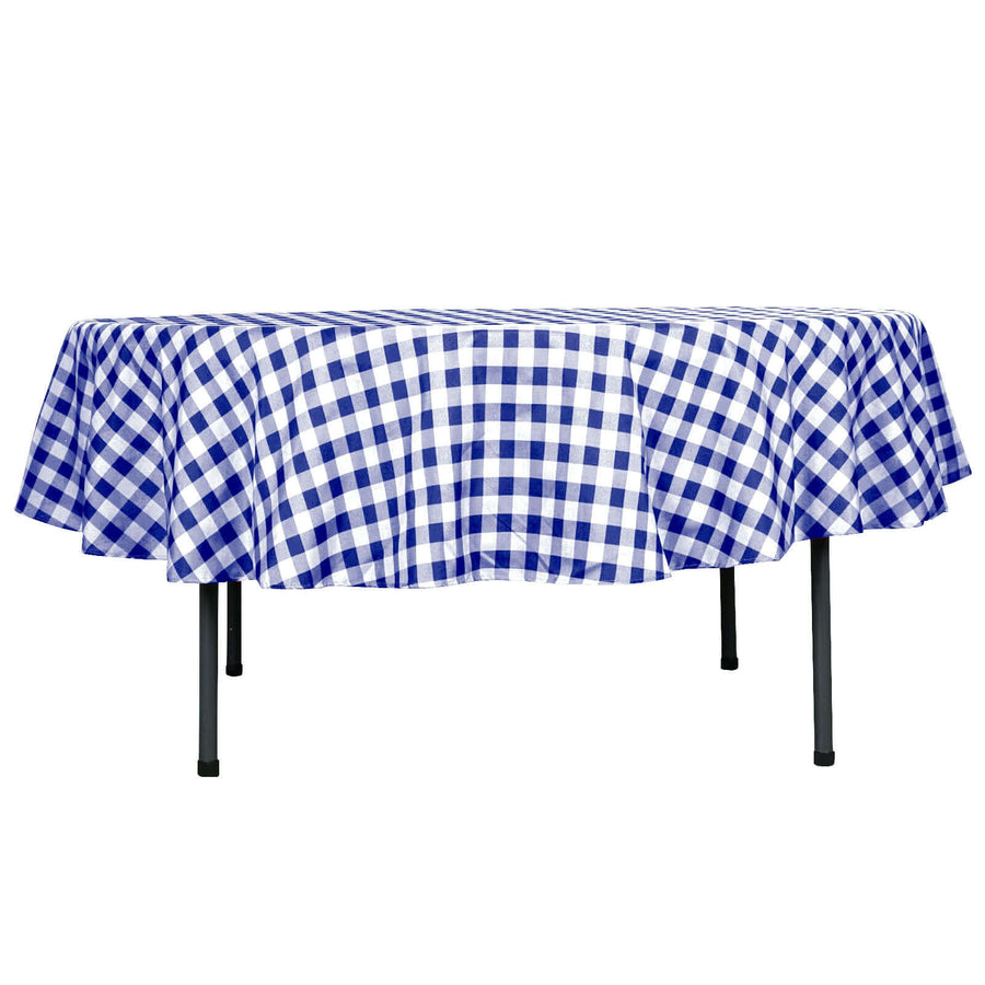 90" White Navy Blue Buffalo Plaid Round Tablecloth, Gingham Polyester Checkered Tablecloth
