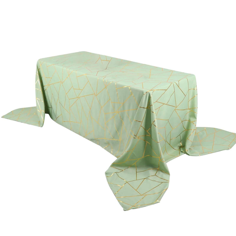 90x156inch Sage Green Rectangle Polyester Tablecloth With Gold Foil Geometric Pattern