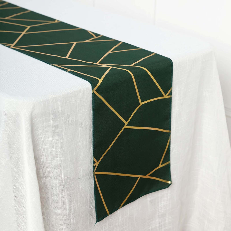 9ft Hunter Emerald Green With Gold Foil Geometric Pattern Table Runner
