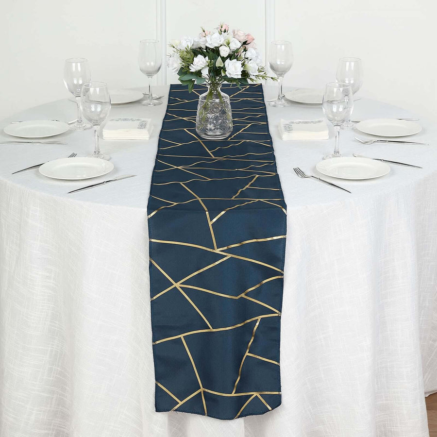 9ft Navy Blue With Gold Foil Geometric Pattern Table Runner