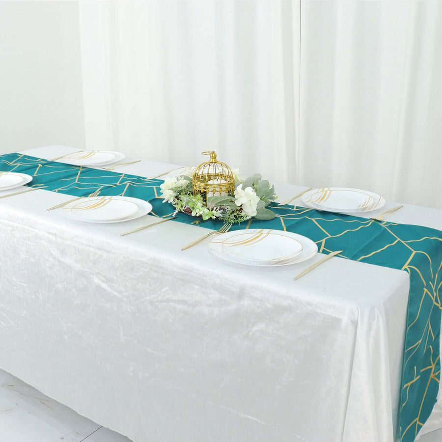 9 Feet Teal Table Runner With Gold Foil Geometric Pattern