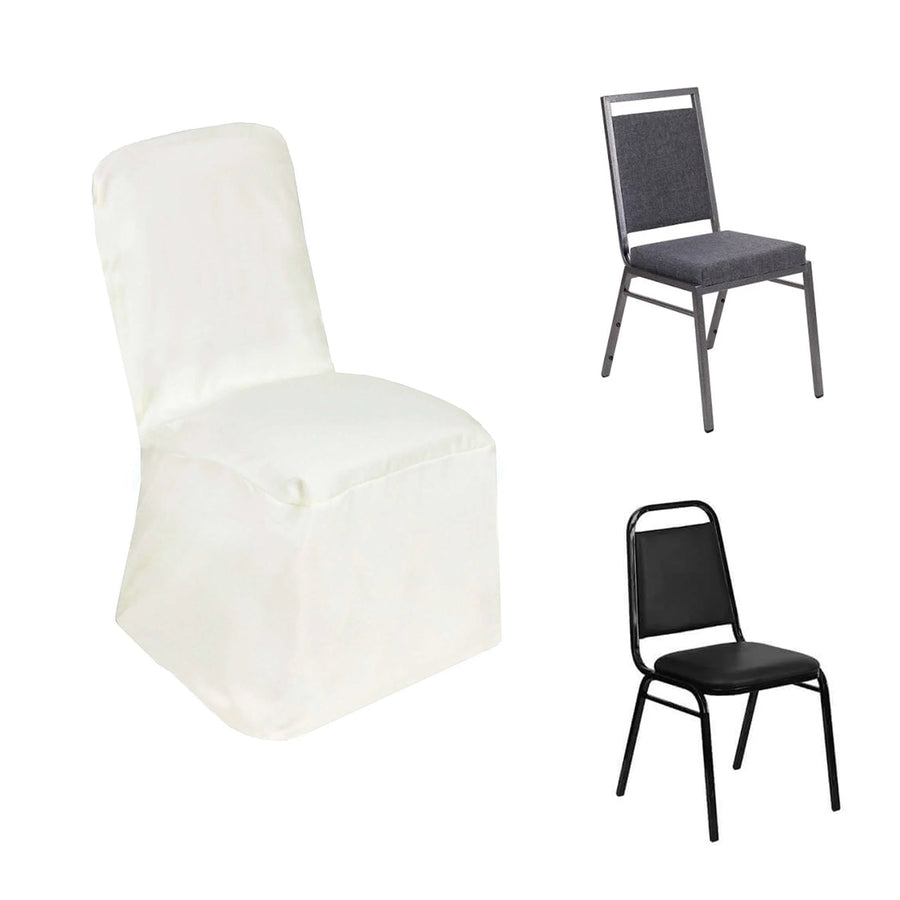 Ivory Polyester Square Top Banquet Chair Cover, Reusable Slip On Chair Cover